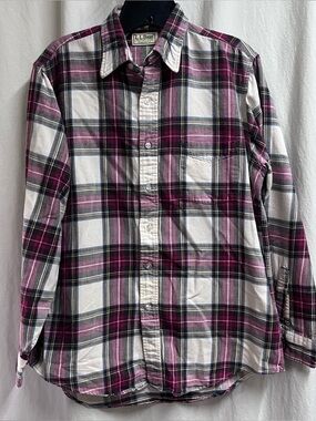 Vintage LL Bean Shirt Mens Medium Red Cream Tartan Plaid Flannel USA MADE